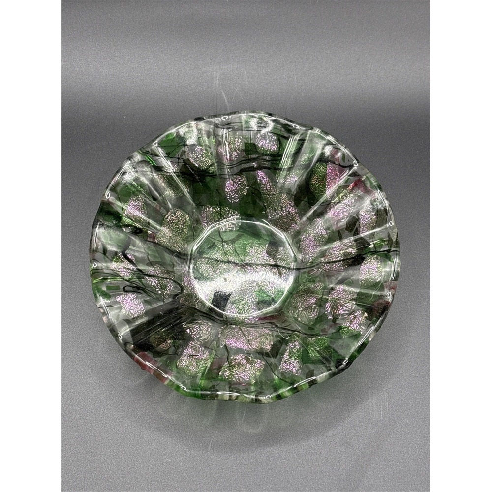 Vintage Sydenstricker Fused Glass Ruffled Bowl 5.5" Pink Morning Glory Signed PK